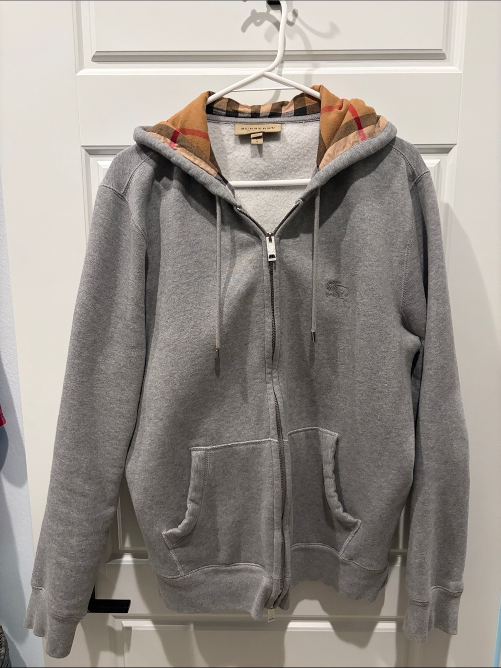 Burberry Gray Zip-Up Sweatshirt with Tan Check Hood Lining